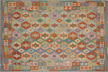 Flat Weave Kilim, Antique, Navaho, Vintage, Handmade, Geometric Kilim Blue Gray Hand-Woven Rectangle 100% Wool Area Rug 8 x 10